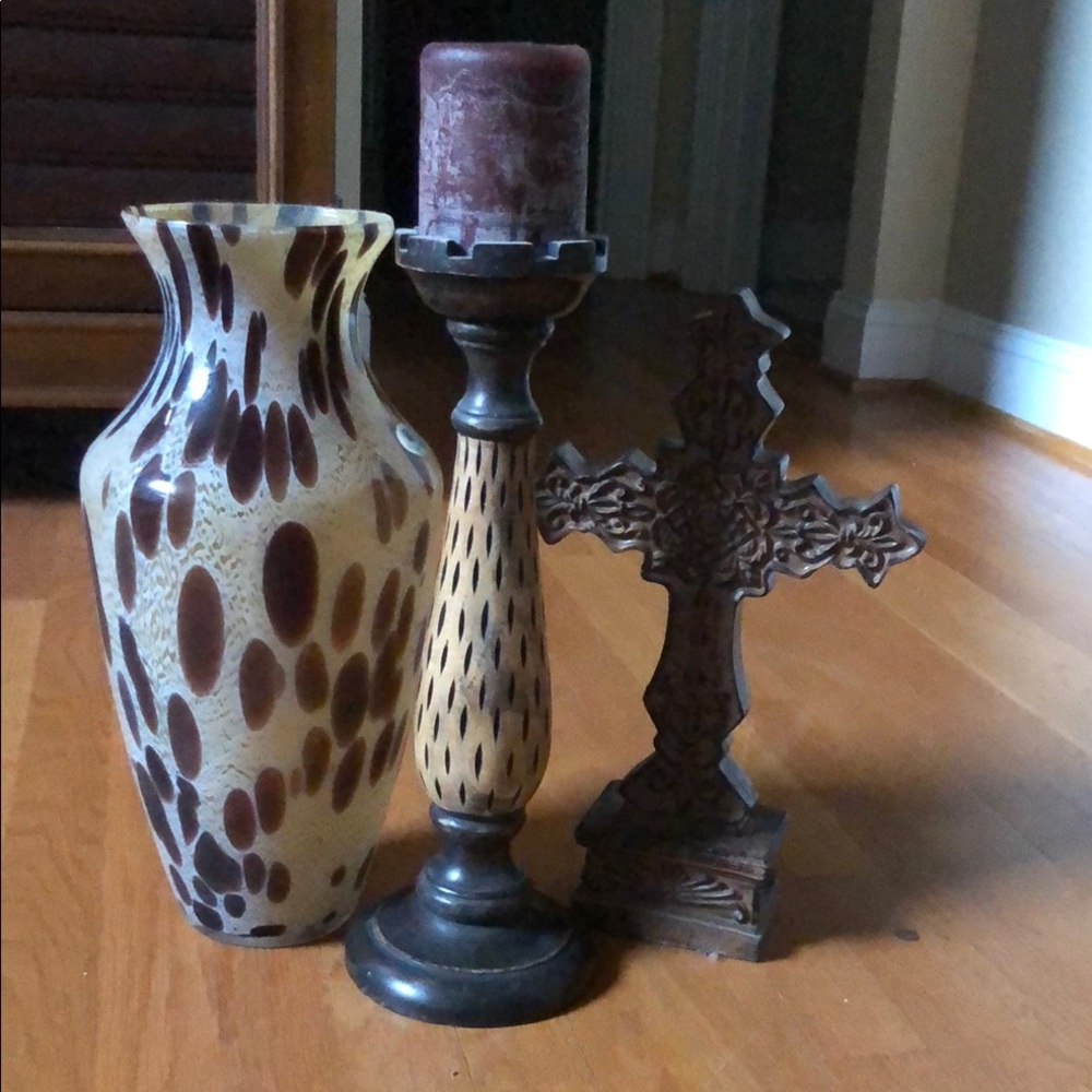 Elegant Brown and Cream Vase, Candle holder, and cross.